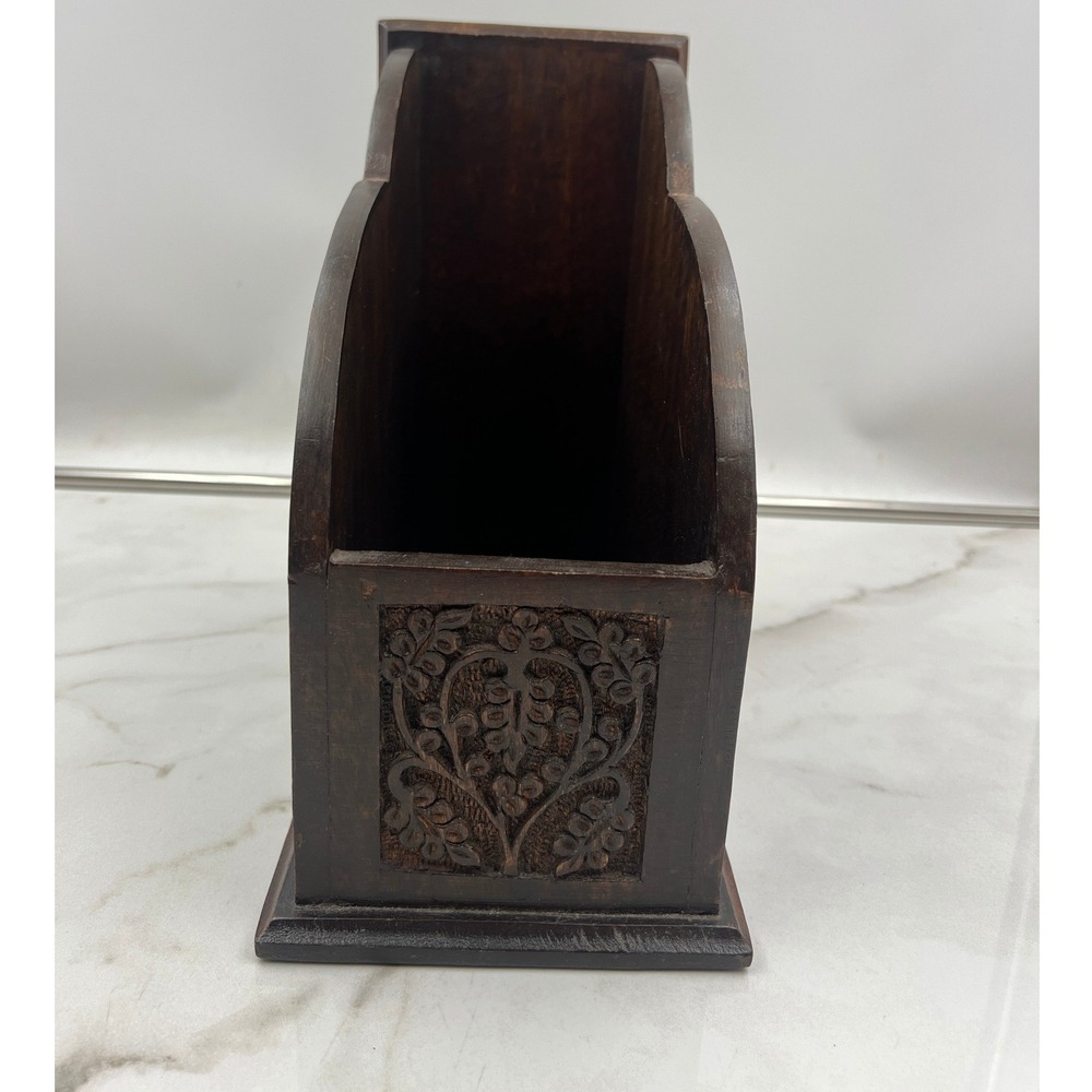 World Market Carved Mango Wood Magazine Holder Dark Brown Floral Office Storage